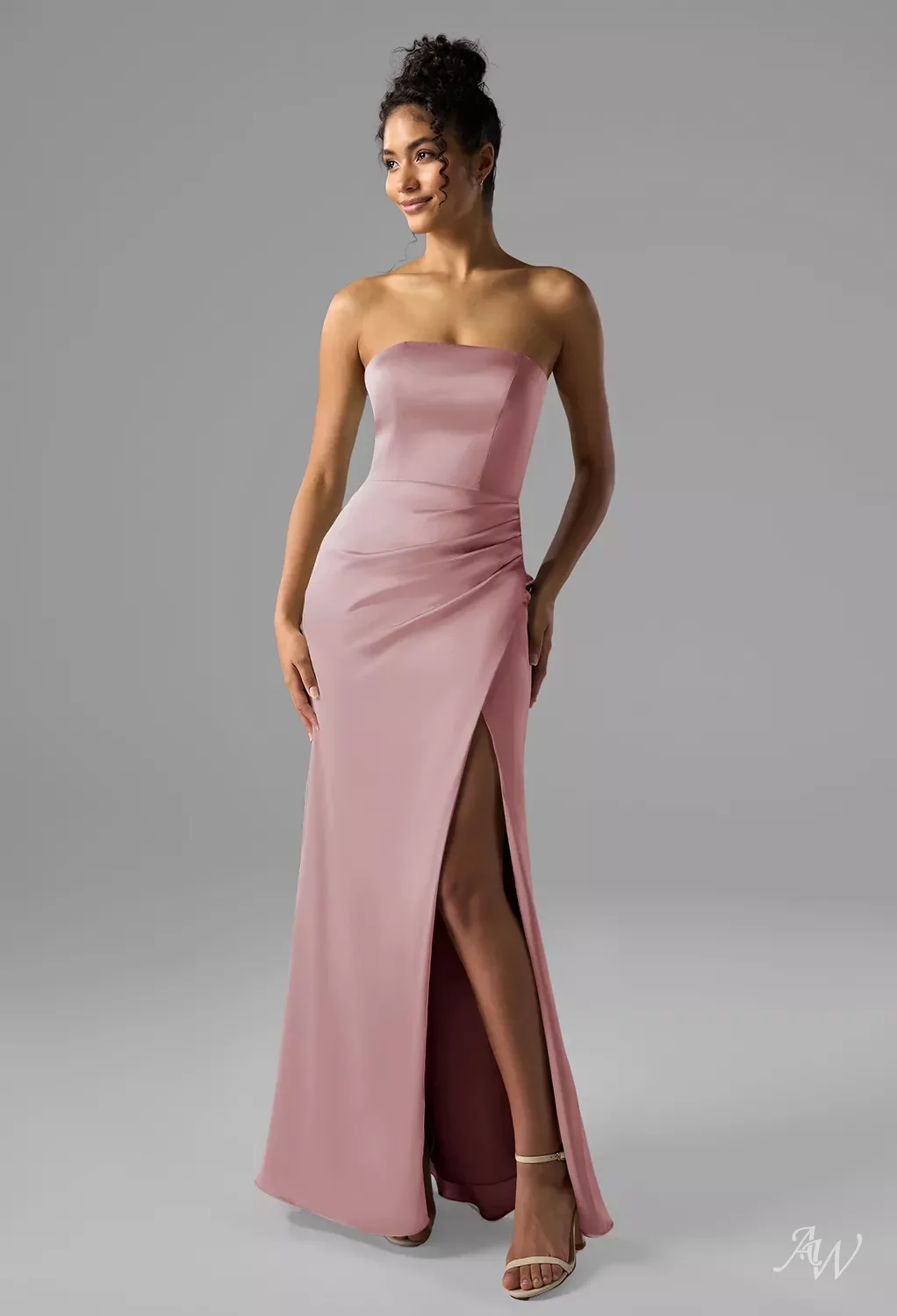 strapless satin bridesmaid dress Dark Navy A Line Strapless Tiered Satin Long Bridesmaid Dress