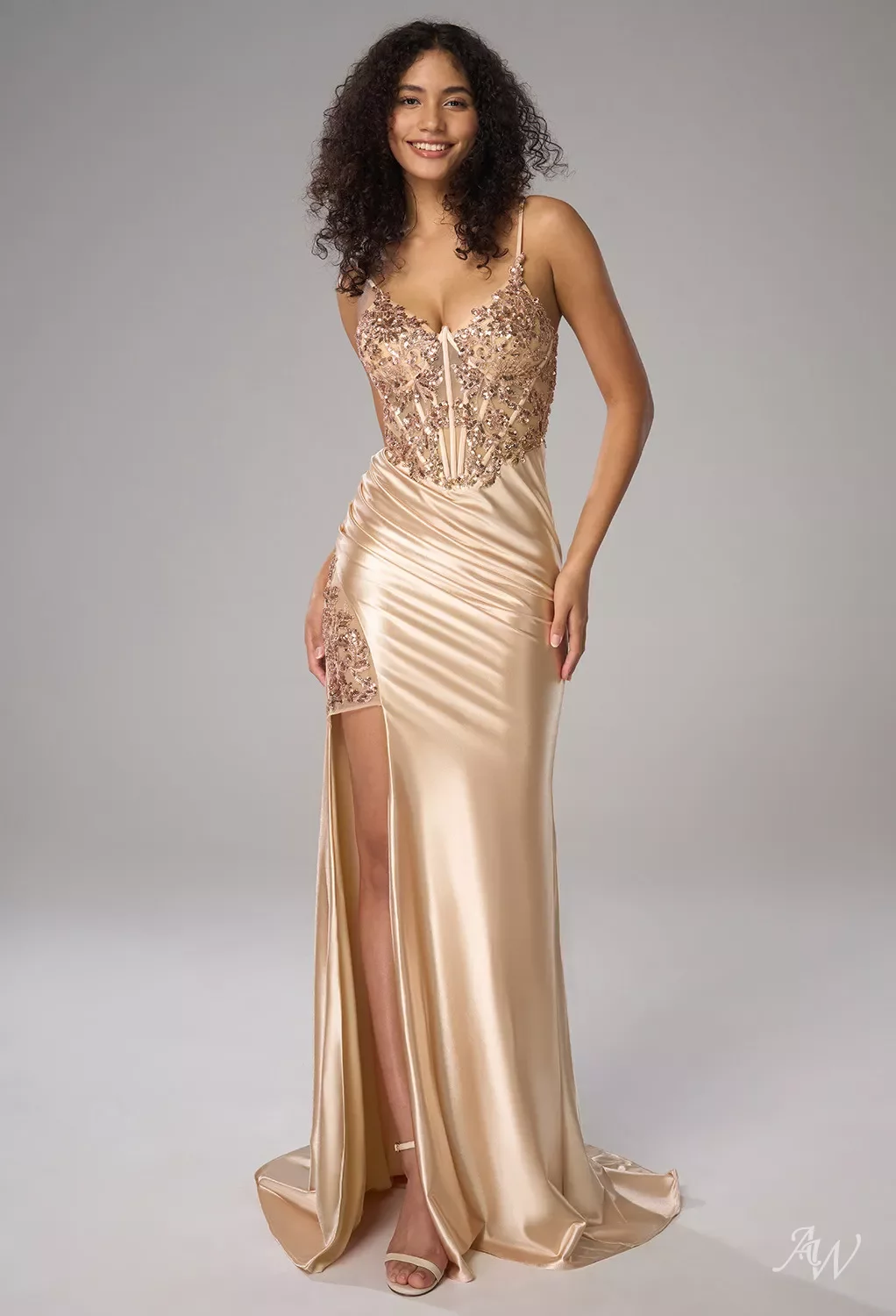 AW India Dress, Champagne Knitted Fabric Floor Length V-Neck Dresses | AW.Bridal AW India Dress, Champagne Knitted Fabric Floor Length V-Neck Dresses | AW.Bridal