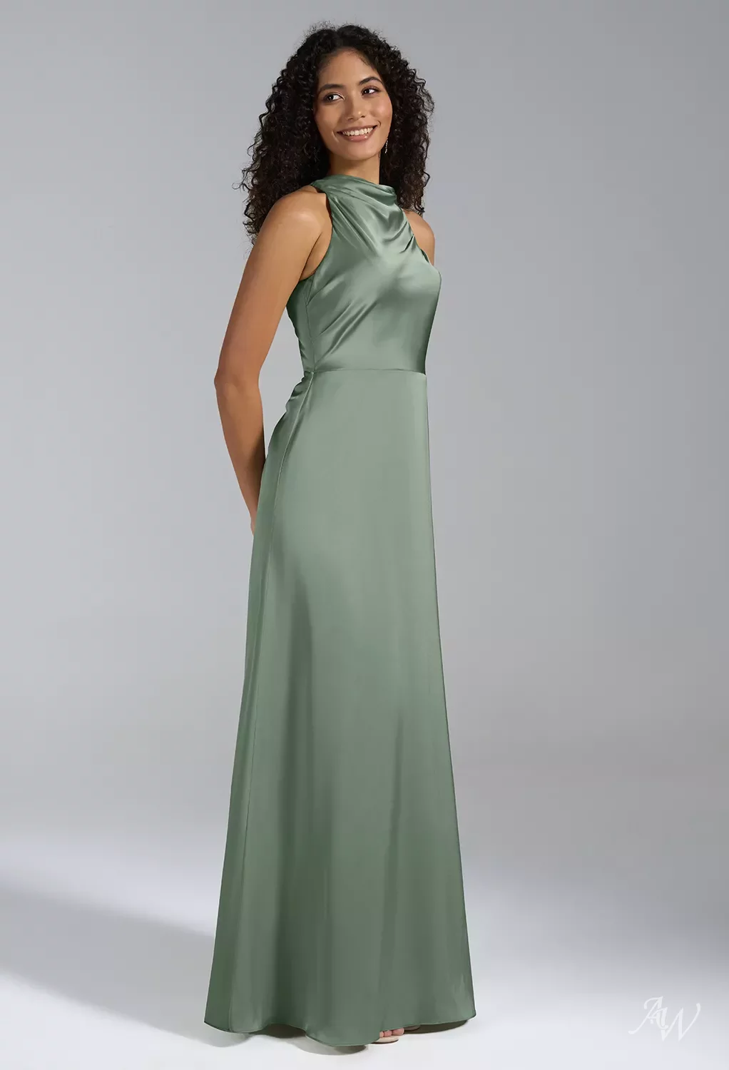 AW Xanthe Dress, Oil Green Crystal Satin Satin Charmeuse Floor