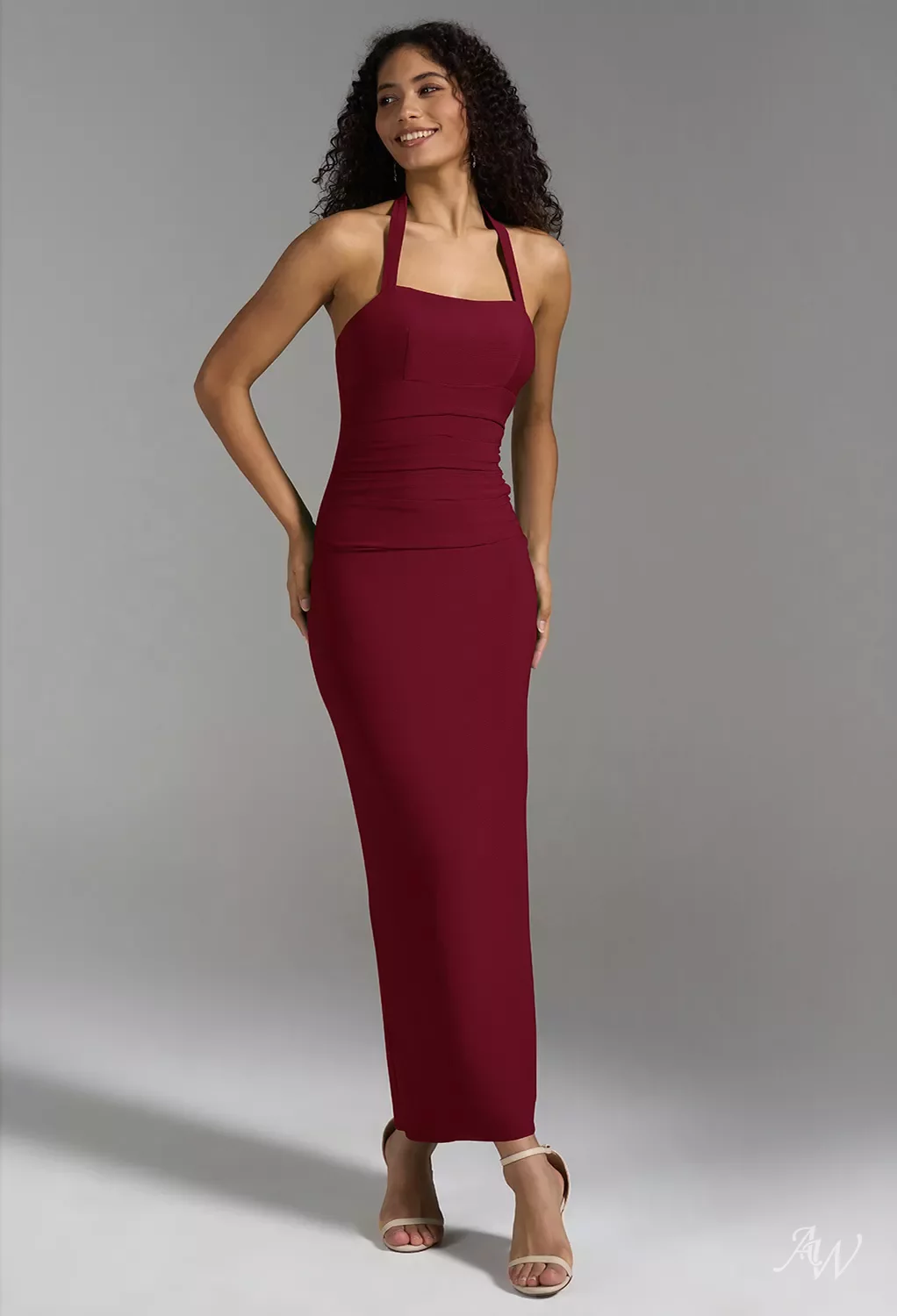 AW Chanelle Dress, Burgundy Stretch knitted fabric Ankle Length Halter  Neckline Bridesmaid Dresses | AW.Bridal