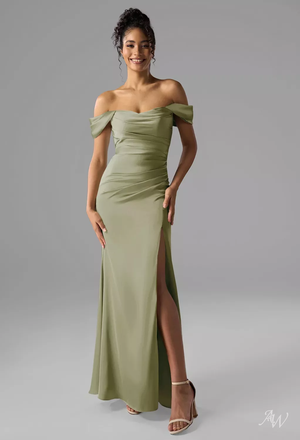 AW Nieve Dress, Mottled Moss Green Crystal Satin Satin Charmeuse