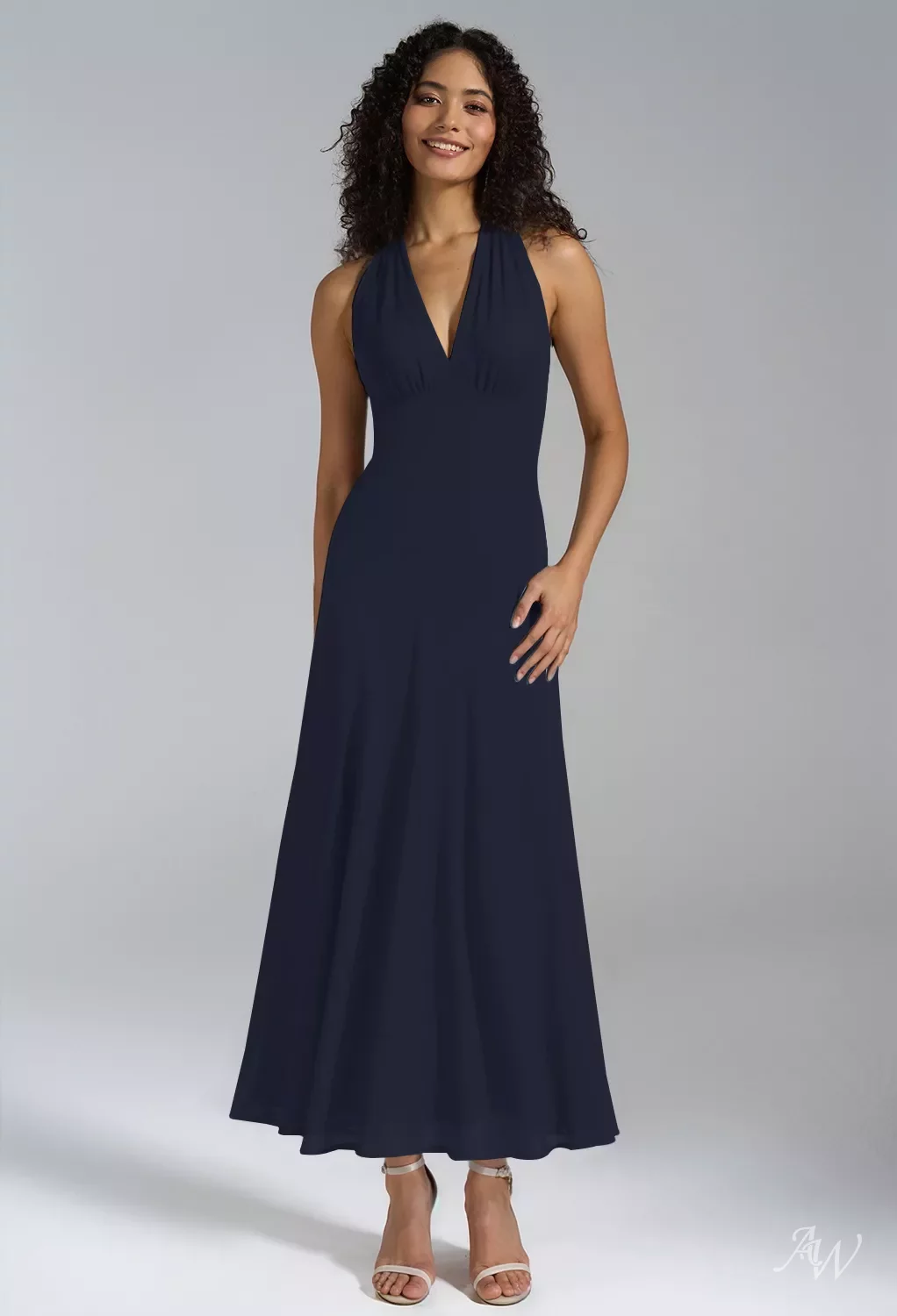 AW Lexie Dress, Dark Navy Chiffon Tea Length V-Neck Wedding Guest Dresses | AW.Bridal AW Lexie Dress, Dark Navy Chiffon Tea Length V-Neck Wedding Guest Dresses | AW.Bridal