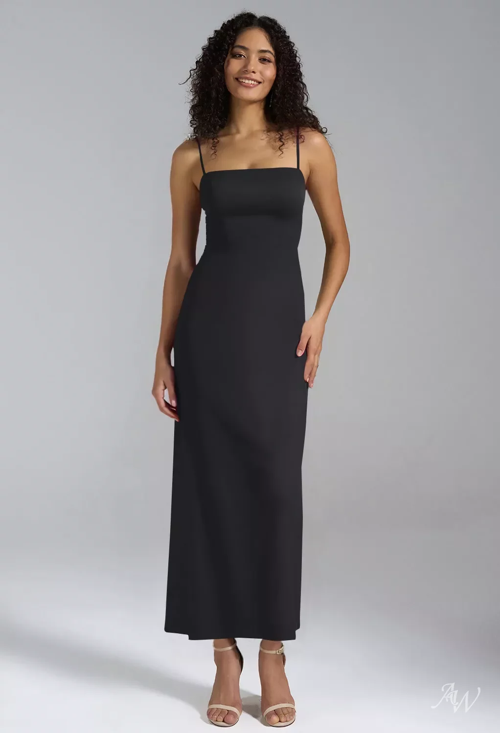 AW Laila Dress, Black Metallic Satin Charmeuse Ankle Length Square Neckline Wedding  Guest Dresses | AW.Bridal