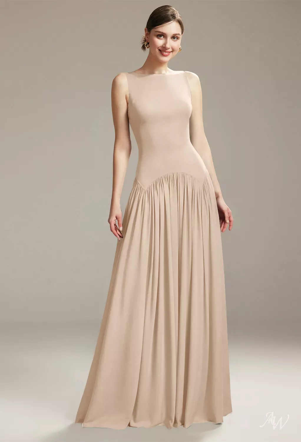 AW Seren Dress, Sage Green Chiffon Floor Length Bateau Neckline Bridesmaid  Dresses | AW.Bridal