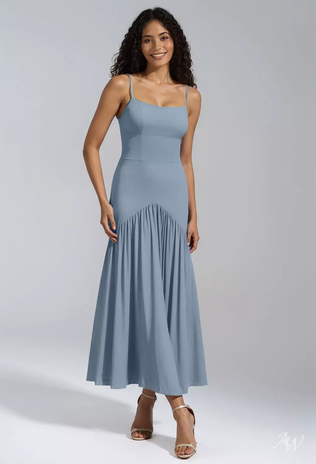 AW Mariyah Dress, Light Dusty Blue Chiffon Tea Length Scoop/U-Neck