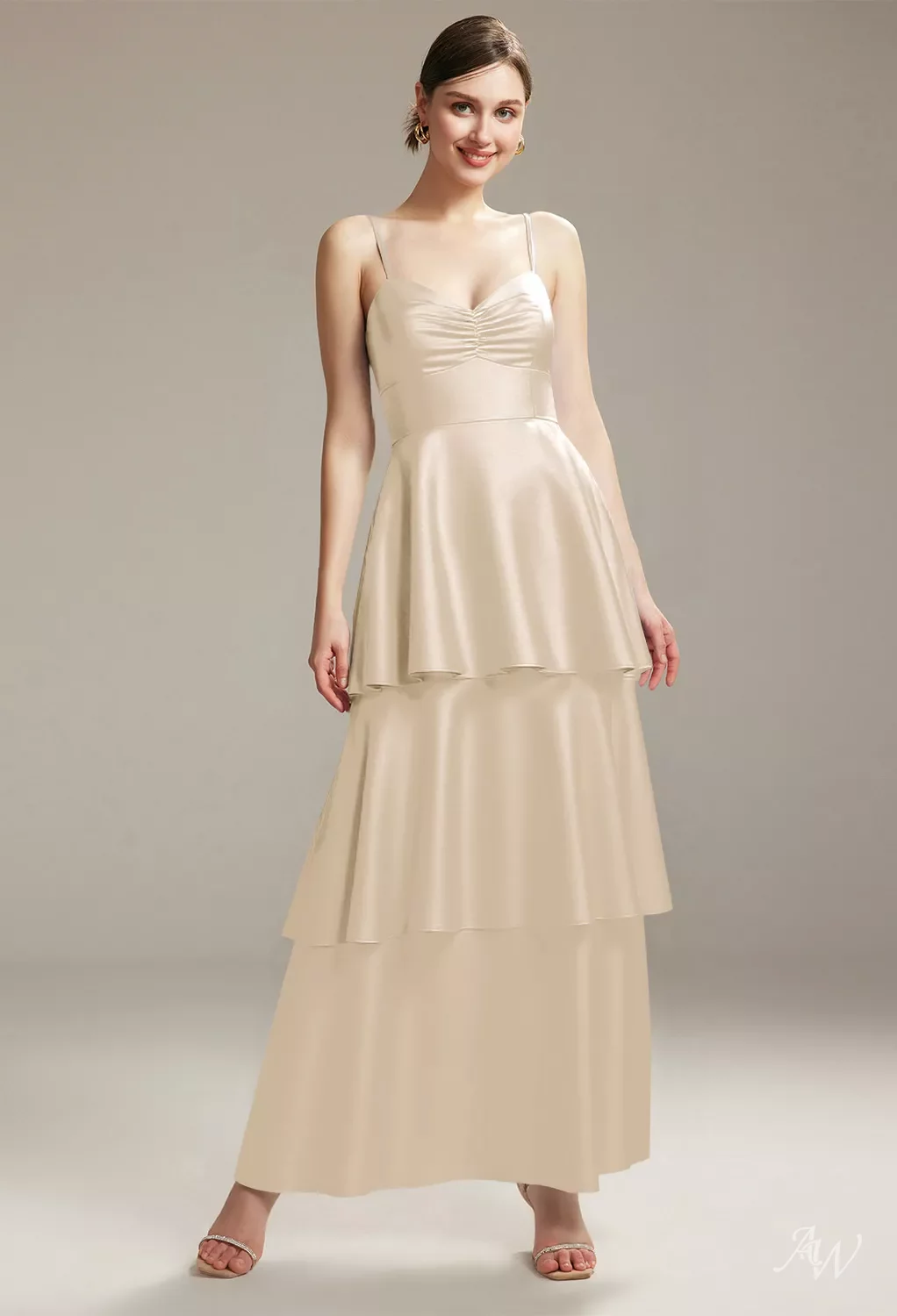 AW.Bridal A-line V-Neck Ankle Length Sleeveless Spaghetti Straps Satin Ruffles Tiered Long Bridesmaid Dresses Dress Apricot Size 6