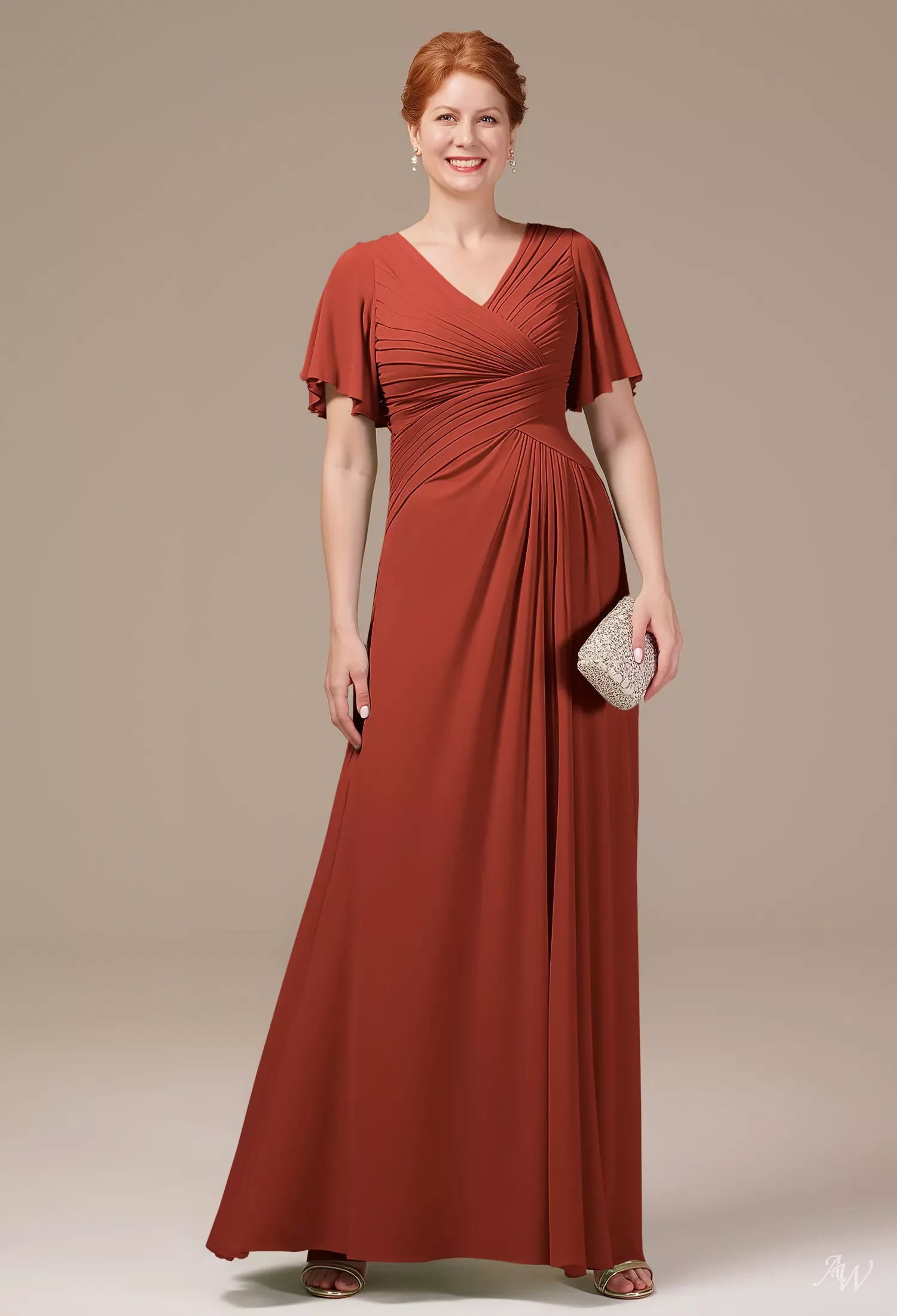 AW Tori Dress, Rust Chiffon Floor Length V-Neck Mother of the