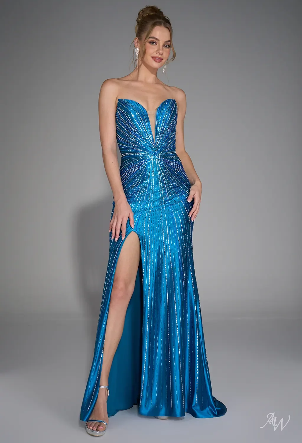 AW Carl Dress, Crystal Blue Stretch Satin Floor Length Sweetheart Neckline  Dresses | AW.Bridal
