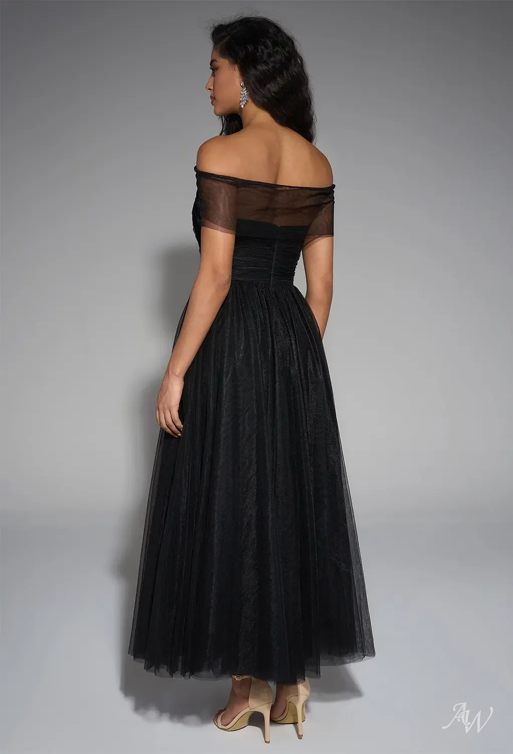 AW Hope Dress, Black Tulle Ankle Length Straight Neckline New