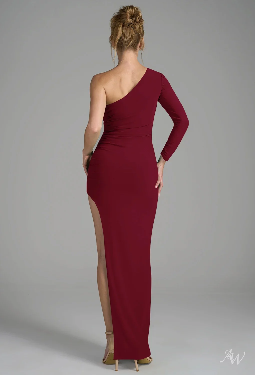 AW.Bridal Column One Shoulder Floor Length Long Sleeves Ruching Split Long Bridesmaid Dresses Dress Burgundy Size 4