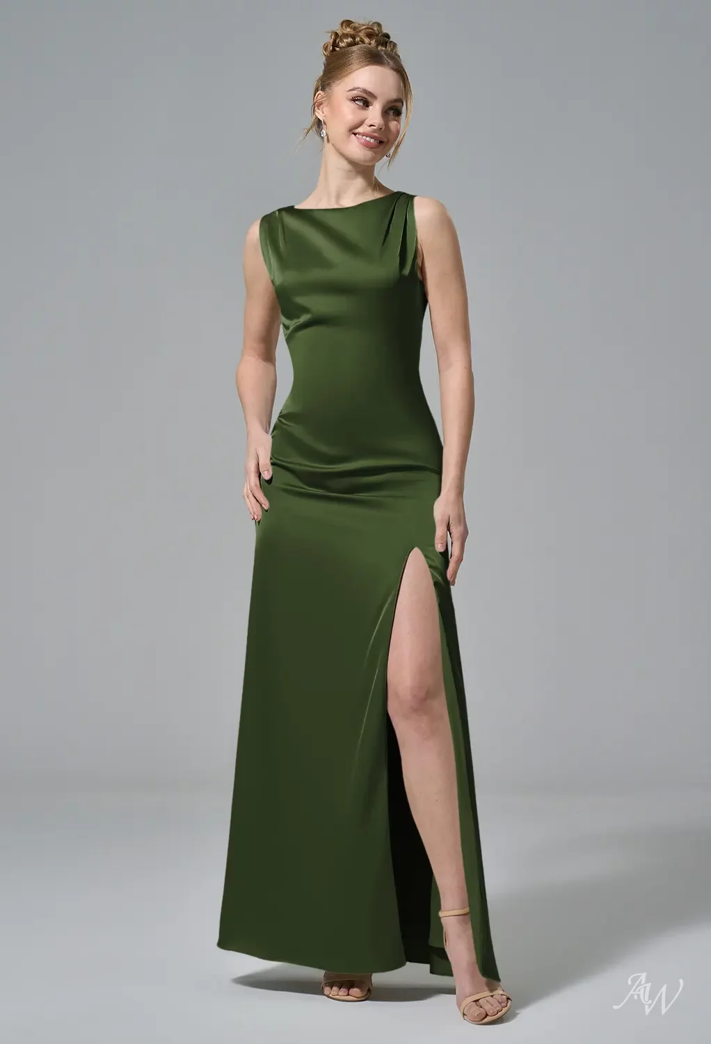 AW.Bridal Column Bateau Neckline Floor Length Sleeveless Satin Long Bridesmaid Dresses Dress Navy Size 18