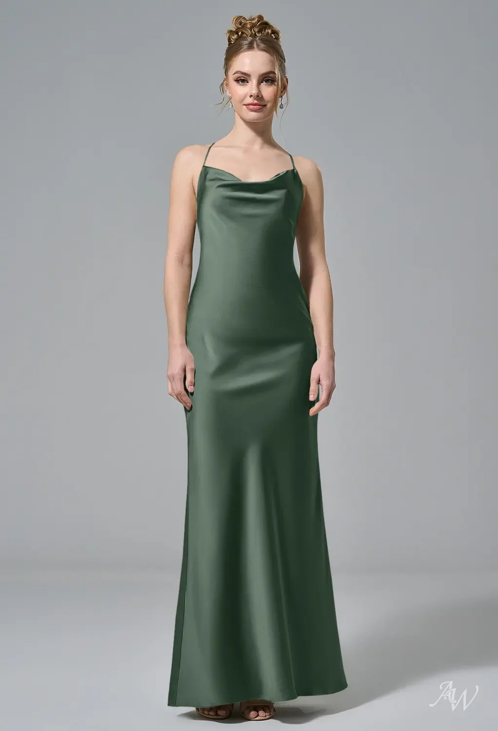 stretch charmeuse sleeveless cowl bridesmaid dress AW.Bridal Dresses Satin Column Neckline Floor Length Spaghetti Straps Backless Green Olive Size 16 Cowl neck dress