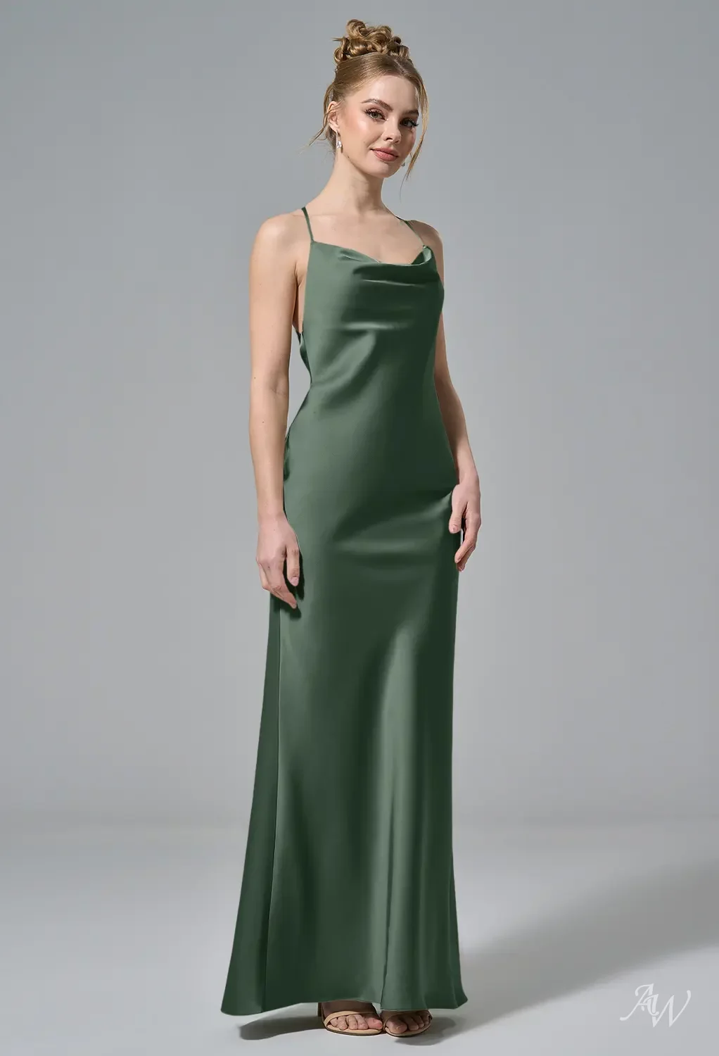 AW.Bridal Bridesmaid Dresses Stretch Satin Column Cowl Neckline Floor Length Sleeveless Spaghetti Straps Backless Dress Green Olive Size 16