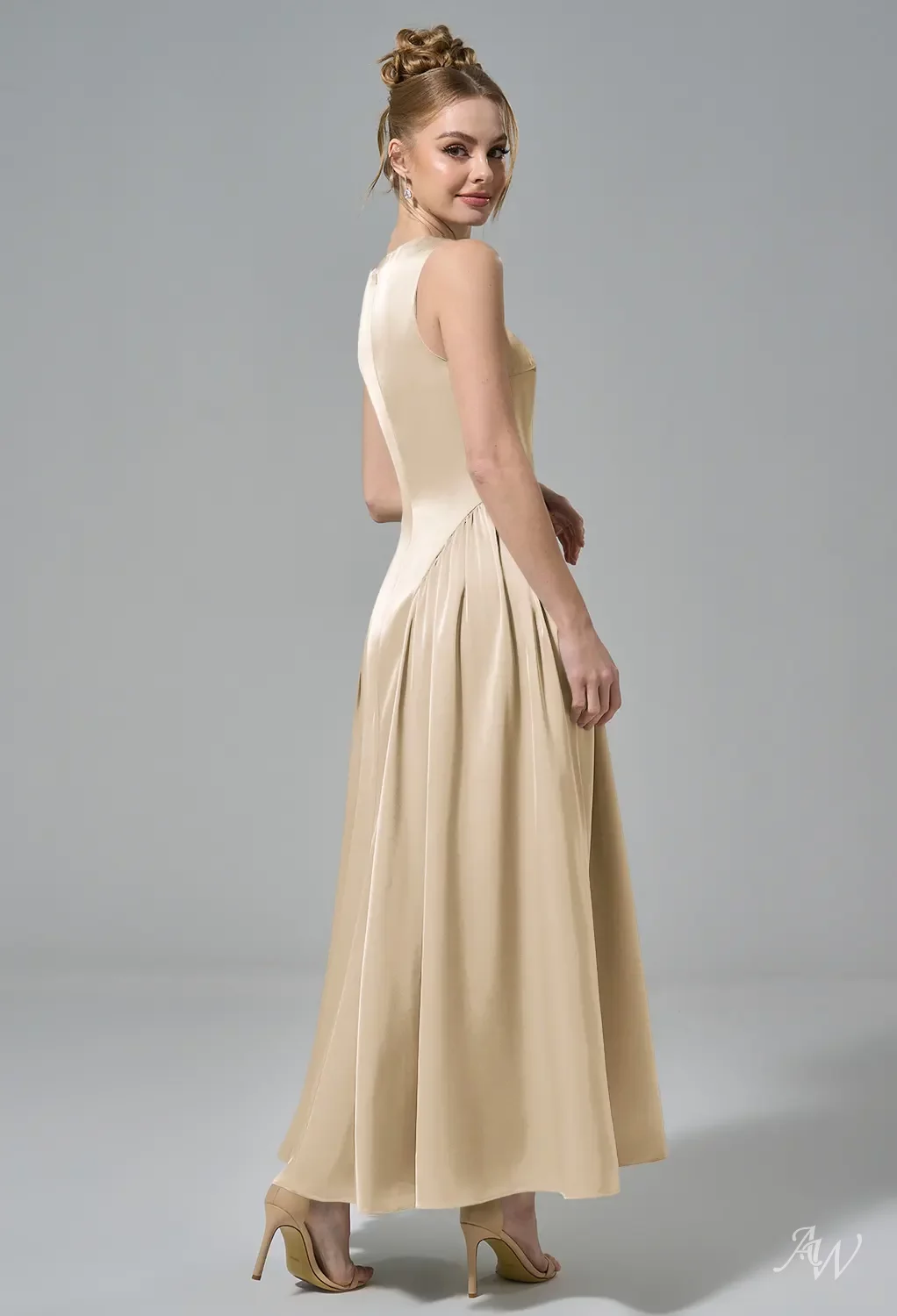 AW.Bridal A-line Scoop/U-Neck Tea Length Sleeveless Satin Drop Waist Long Bridesmaid Dresses Dress Timber Wolf Size 6 AW.Bridal A-line Scoop/U-Neck Tea Length Sleeveless Satin Drop Waist Long Bridesmaid Dresses Dress Timber Wolf Size 6