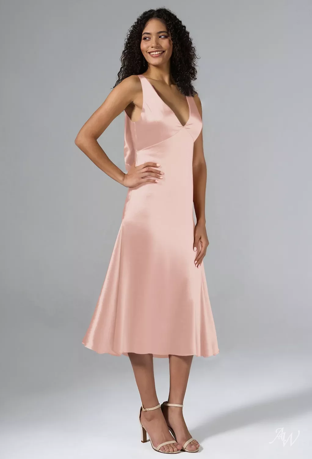 スーツ・フォーマル・ドレス sheer puff dress AW Alfie Dress, Pearl Pink Satin Charmeuse Tea Length V-Neck