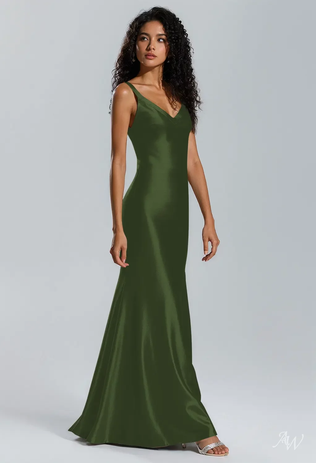 AW.Bridal Mermaid V-Neck Hi Lo Sleeveless Satin Backless Crisscross Back Long Bridesmaid Dresses Dress Jolly Green Size 18