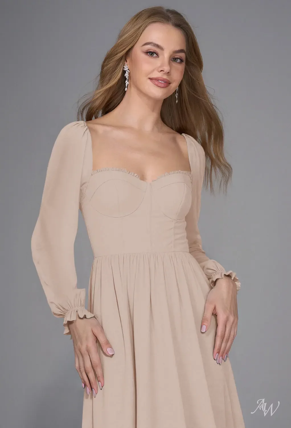 AW Aceily Dress, Biscotti Chiffon Floor Length Sweetheart Neckline