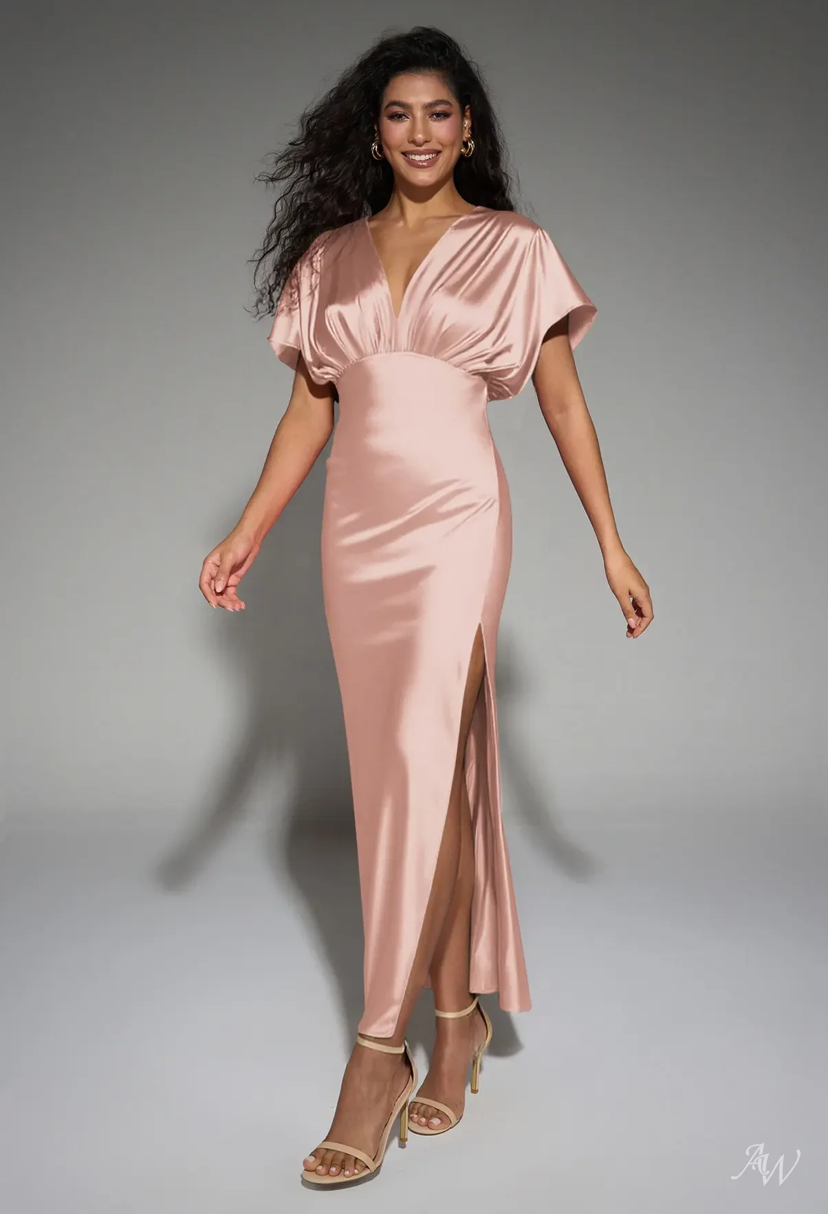AW Valeria Dress, Pearl Pink Satin Charmeuse Ankle Length V-Neck