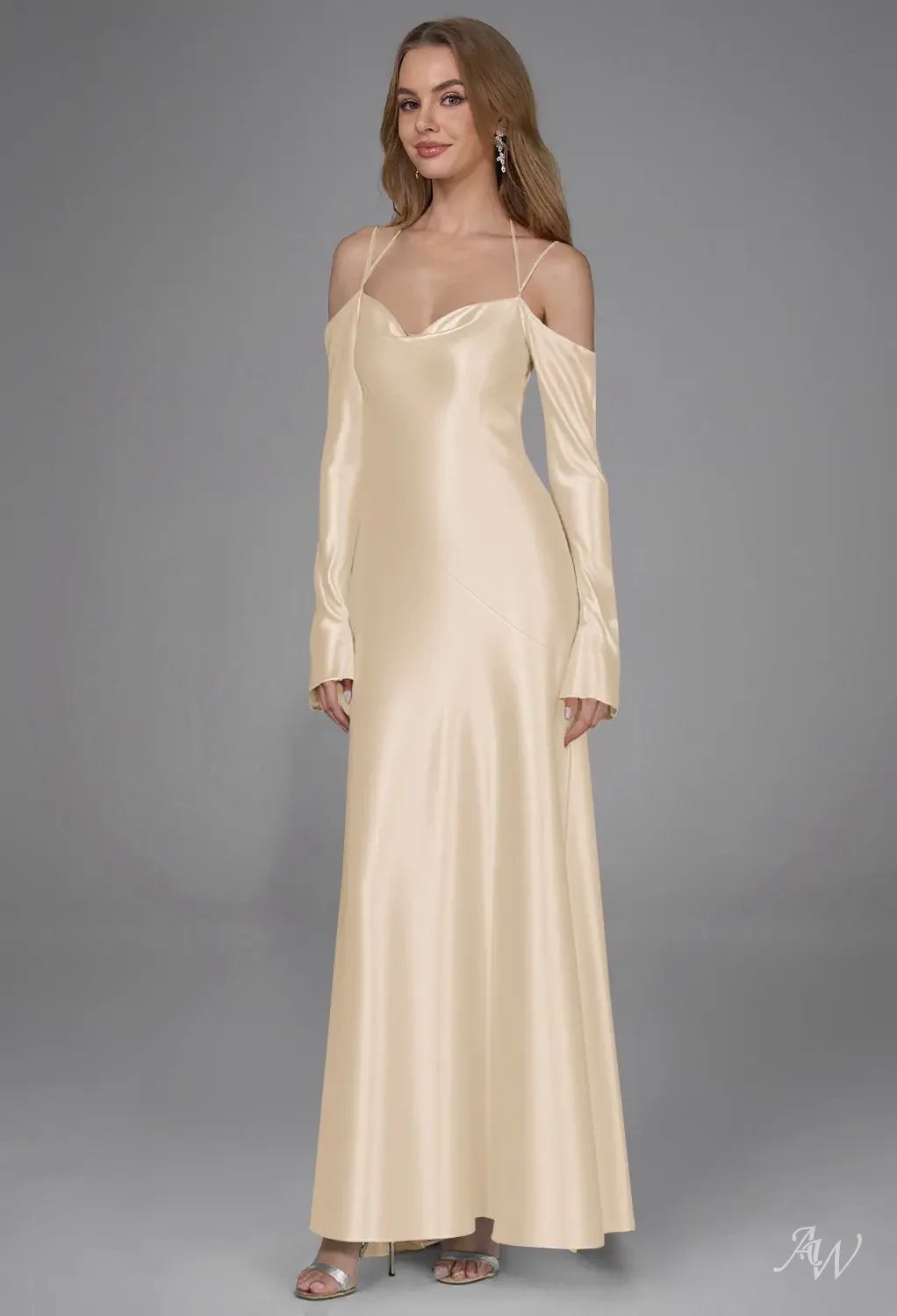 AW Lassie Dress, Champagne Satin Charmeuse Floor Length Cowl Neckline Bridesmaid  Dresses | AW.Bridal