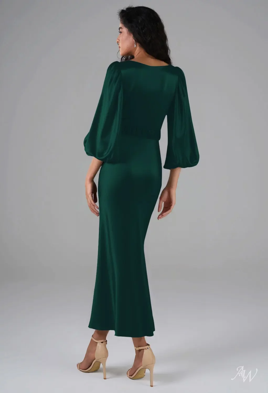 green satin tea dress Dark Green Sheath Tea-Length U Neck Prom Dress
