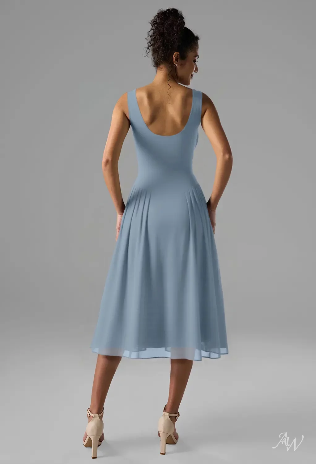 AW Ernestine Dress, Light Dusty Blue Chiffon Knee Length Bateau Neckline Bridesmaid Dresses | AW.Bridal AW Ernestine Dress, Light Dusty Blue Chiffon Knee Length Bateau Neckline Bridesmaid Dresses | AW.Bridal
