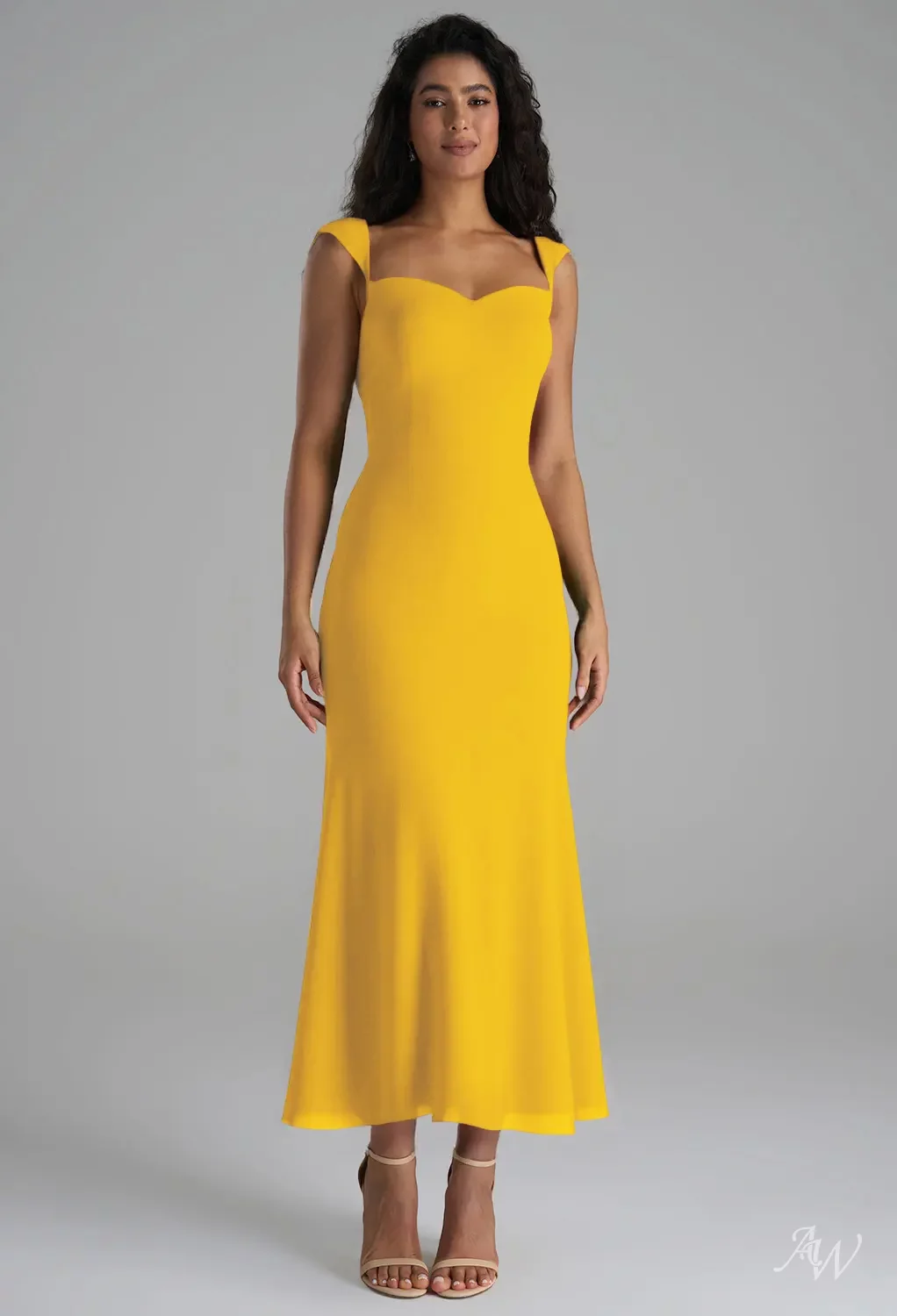 AW Easter Dress, Mustard Yellow Chiffon Ankle Length Sweetheart Neckline  Bridesmaid Dresses