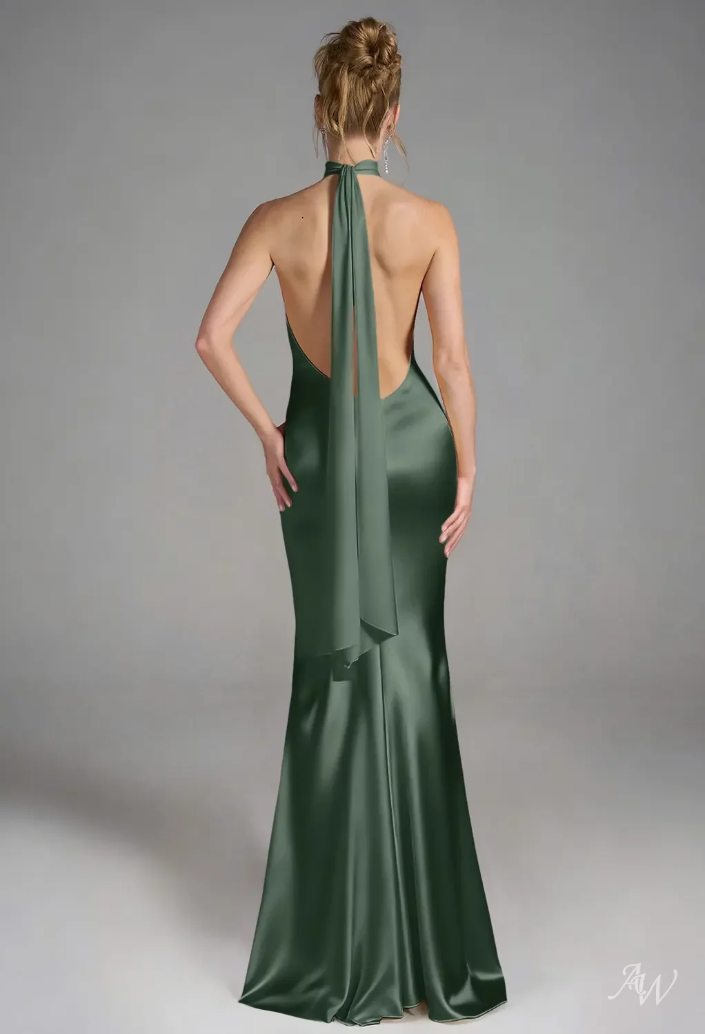 AW Carney Dress, Dark Olive Satin Charmeuse Floor Length Halter Neckline Bridesmaid  Dresses | AW.Bridal