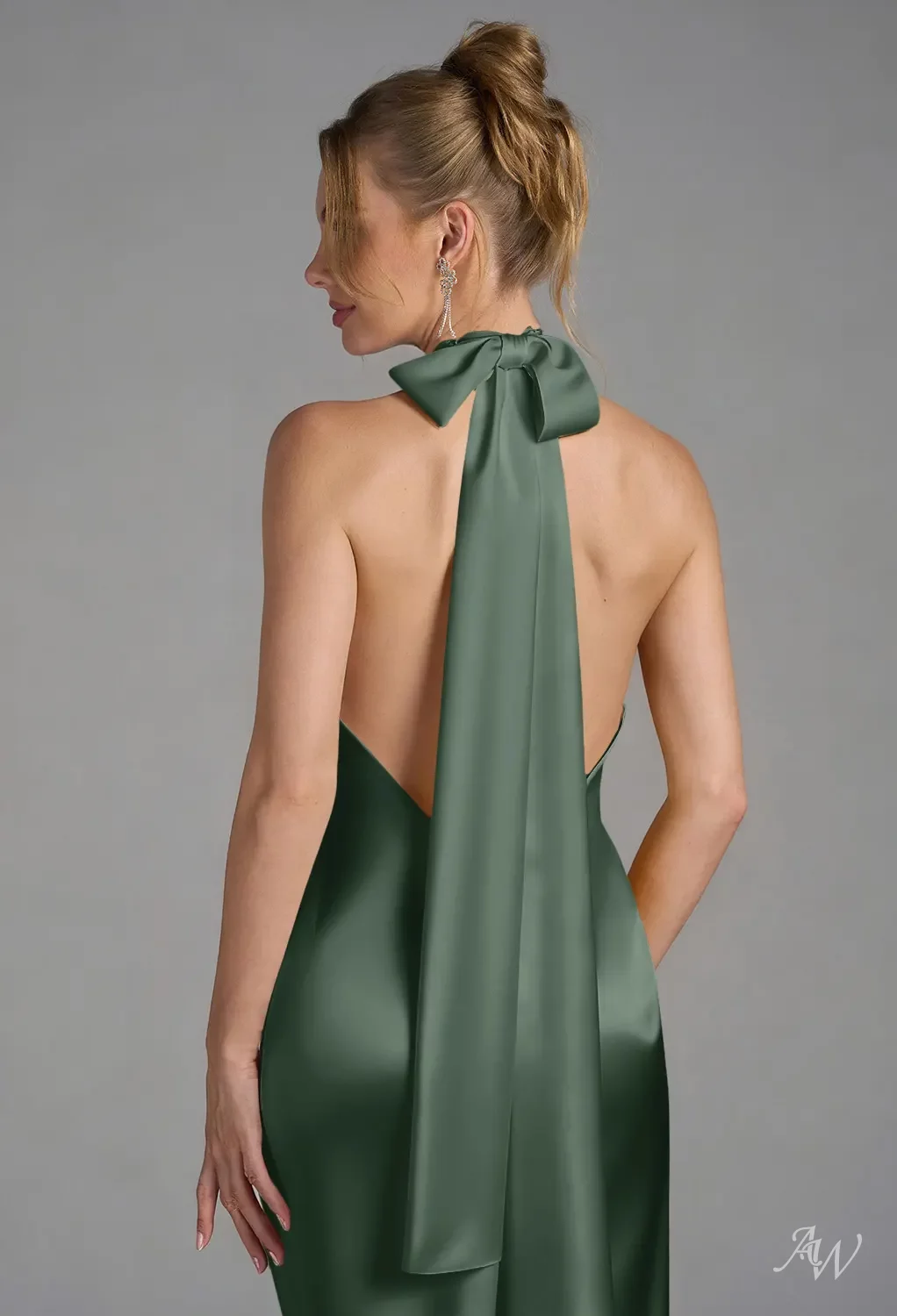 AW Carney Dress, Dark Olive Satin Charmeuse Floor Length Halter Neckline Bridesmaid  Dresses | AW.Bridal