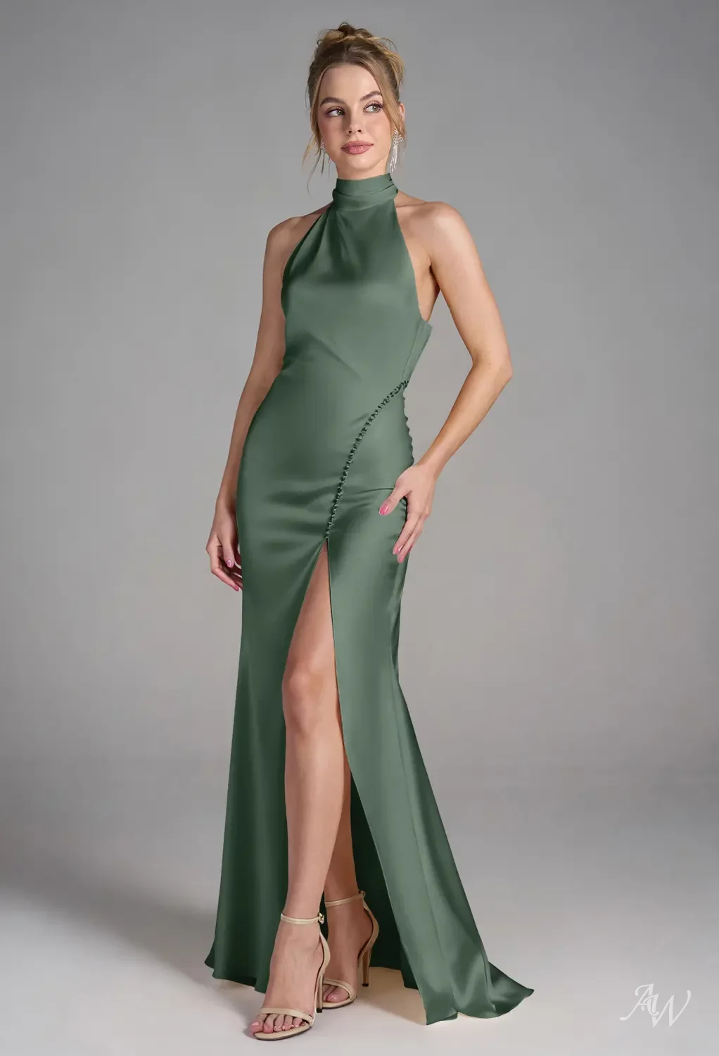 AW Carney Dress, Dark Olive Satin Charmeuse Floor Length Halter Neckline  Bridesmaid Dresses | AW.Bridal