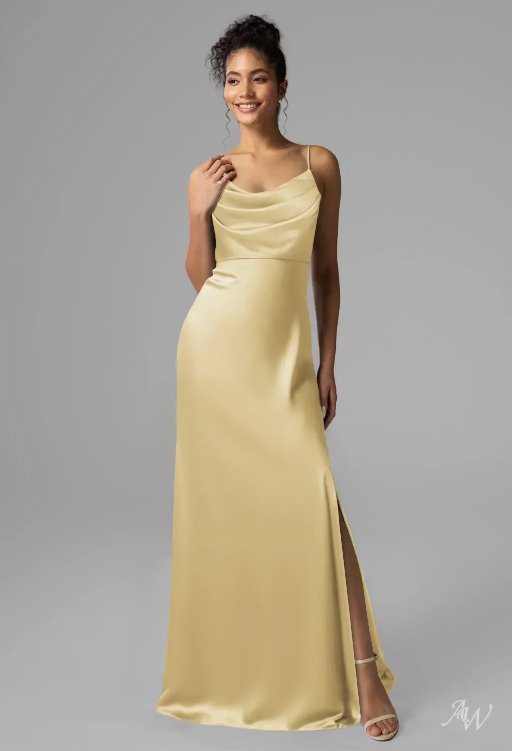 AW Charla Dress, Sand Gold Satin Charmeuse Stretch Satin Floor Length  Scoop/U-Neck Bridesmaid Dresses | AW.Bridal