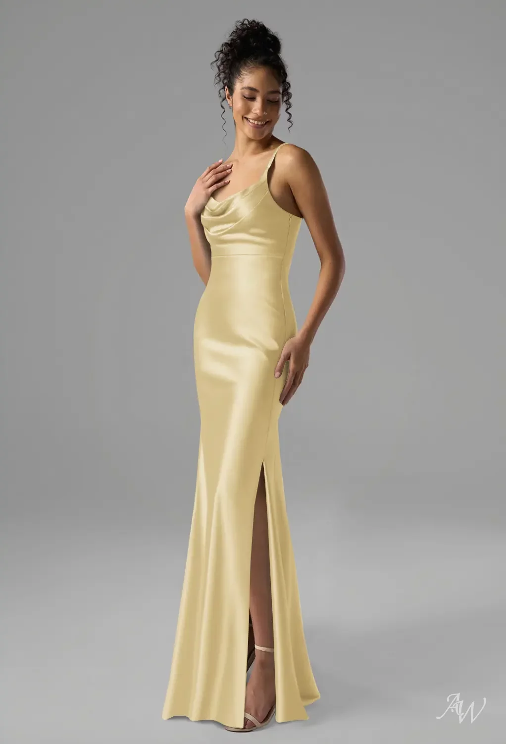 AW Charla Dress, Sand Gold Satin Charmeuse Stretch Satin Floor Length  Scoop/U-Neck Bridesmaid Dresses | AW.Bridal