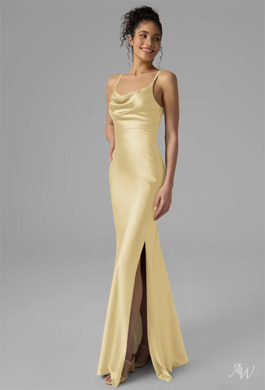 bridesmaid dresses gold satin One Shoulder Satin Champagne A-line Slit Bridesmaid Dress – Movousdress main image 0
