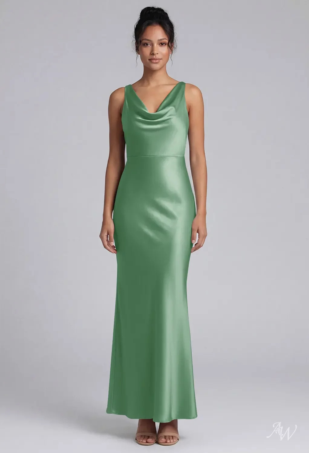 AW.Bridal Bridesmaid Dresses Stretch Satin Column Cowl Neckline Floor Length Sleeveless Dress Sage Green Size 16