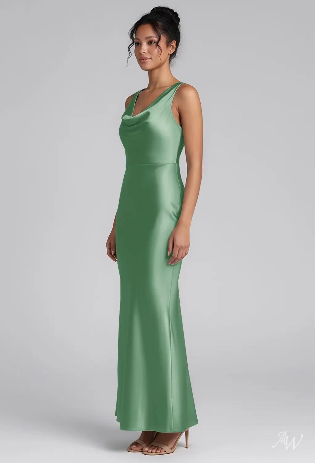 stretch charmeuse cowl neck bridesmaid dress AW.Bridal A-line Cowl Neckline Floor Length Off the Shoulder Spaghetti Straps Satin Long Bridesmaid Dresses Sage Green Size 4