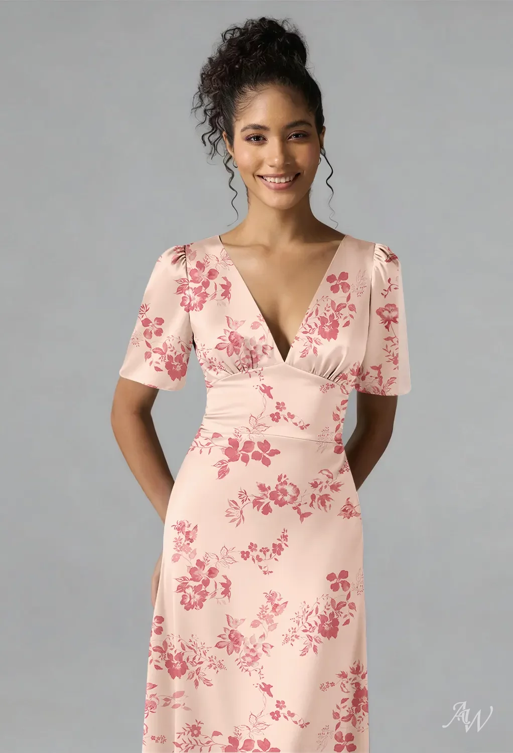 AW Adriana Dress, Pink Cherry Blossom Satin Charmeuse Stretch