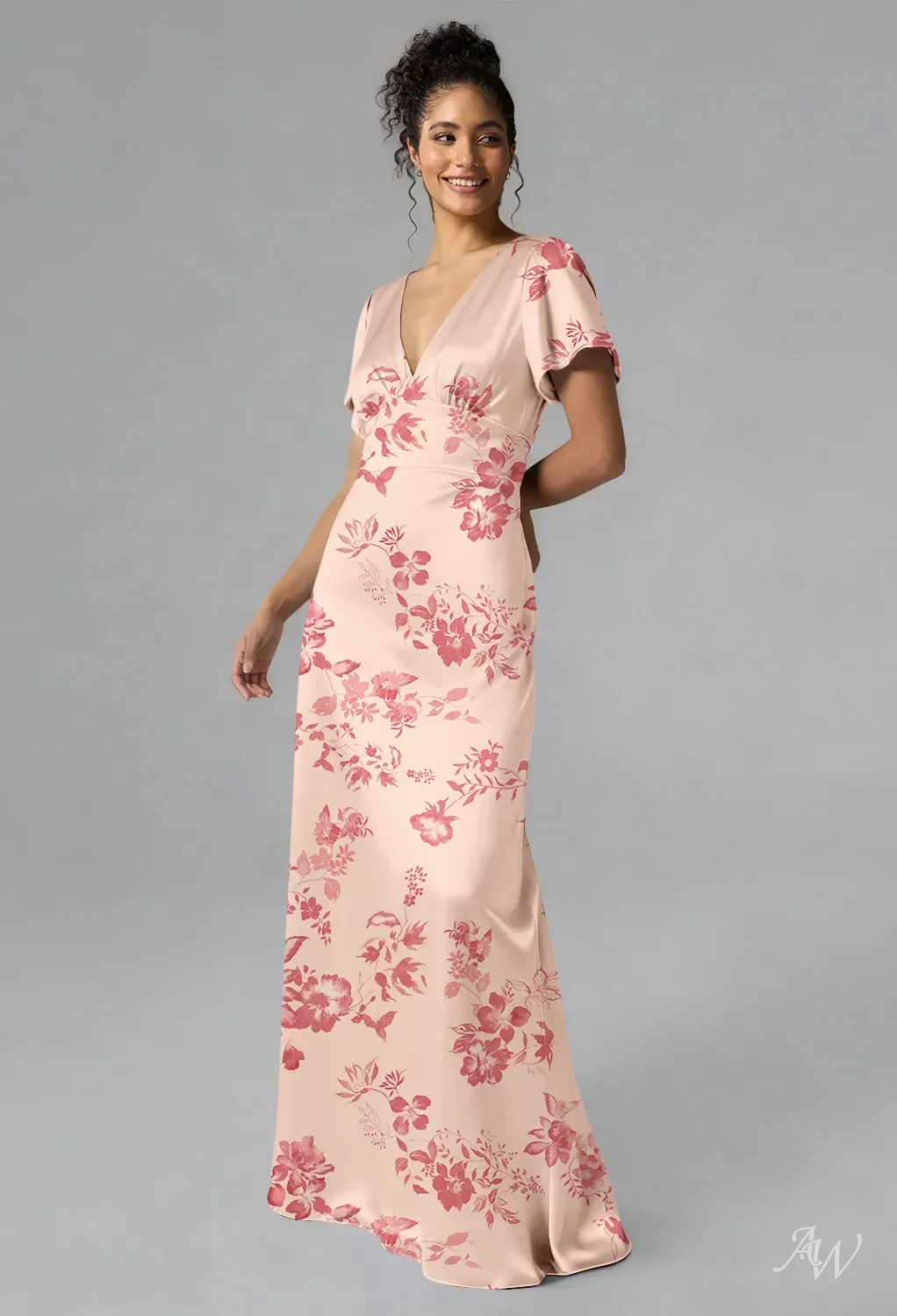 AW Adriana Dress, Pink Cherry Blossom Satin Charmeuse Stretch