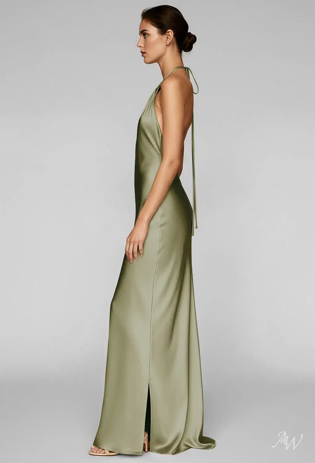 AW Latonia Dress, Fennel Seed Satin Charmeuse Stretch Satin Floor