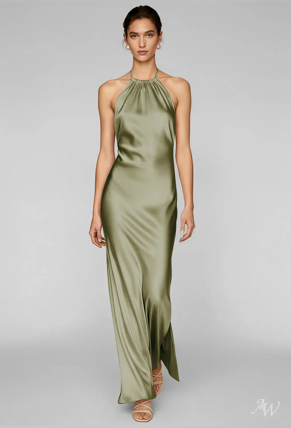 AW Latonia Dress, Fennel Seed Satin Charmeuse Stretch Satin Floor