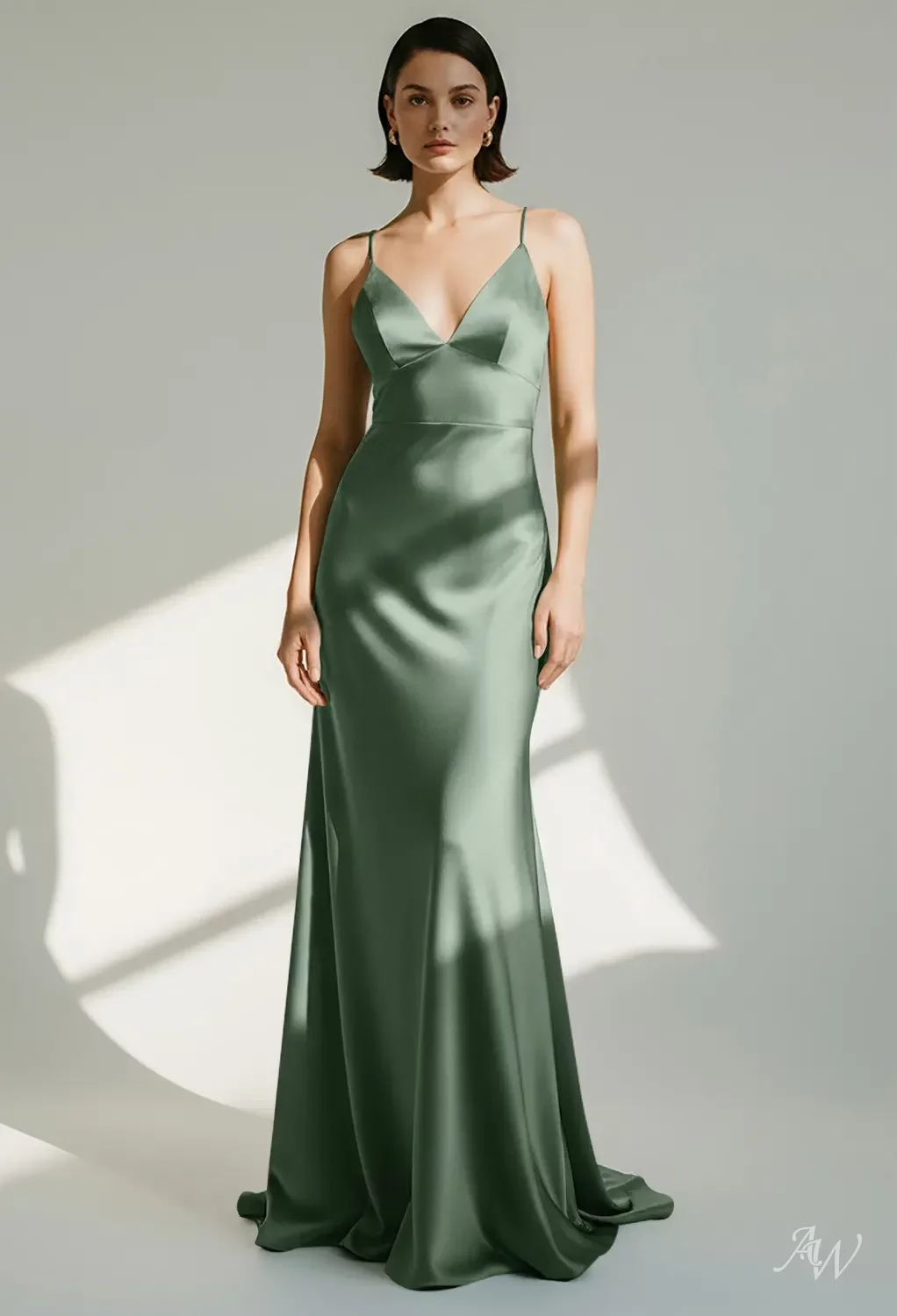 phthalo green bridesmaid dresses AW.Bridal Stretch Satin Column V-Neck Floor Length Sleeveless Spaghetti Straps Dress Hunter Size 6 y chiffon sleeves