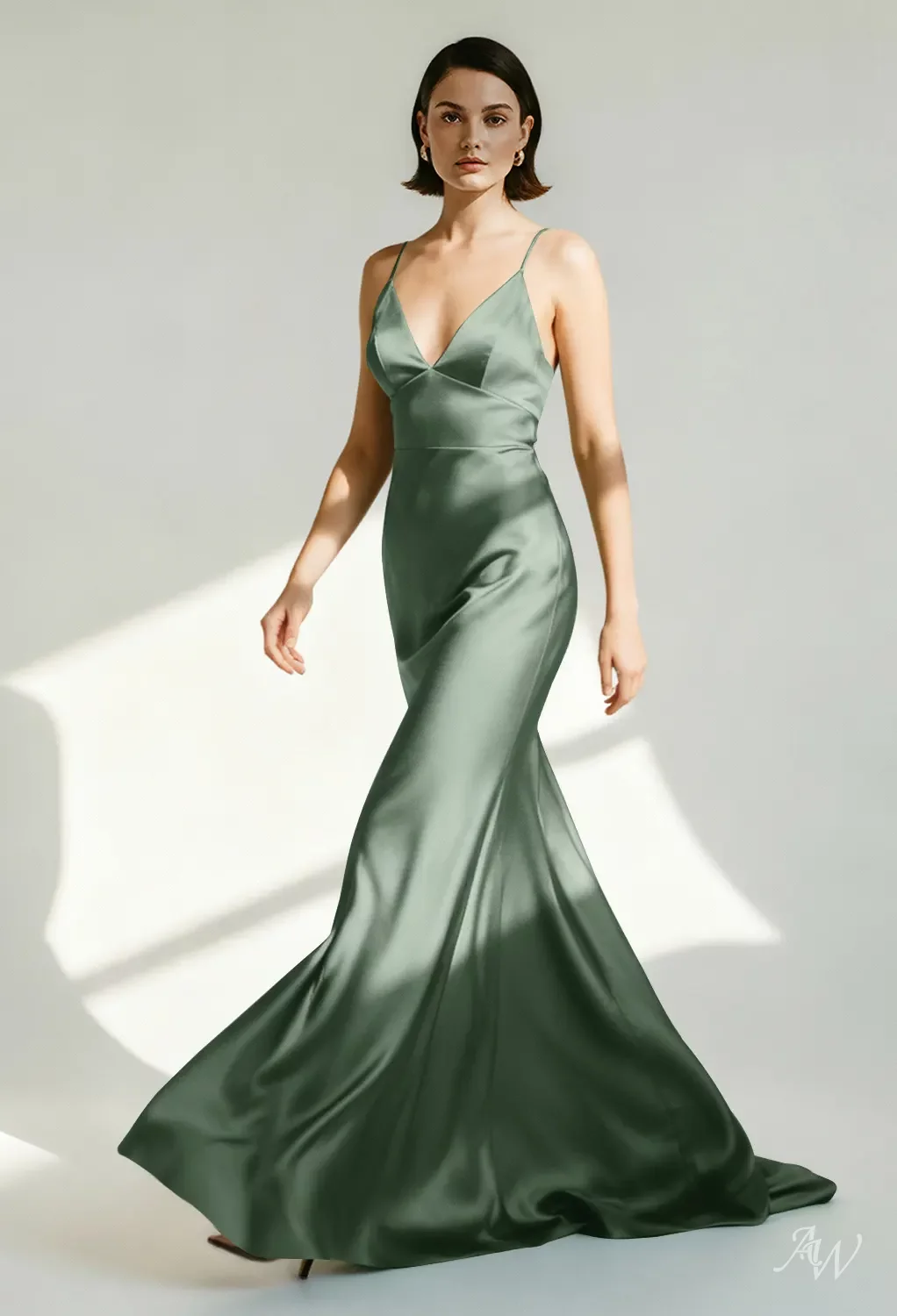 AW Phillis Dress, Oil Green Satin Charmeuse Stretch Satin Floor Length  V-Neck Bridesmaid Dresses | AW.Bridal