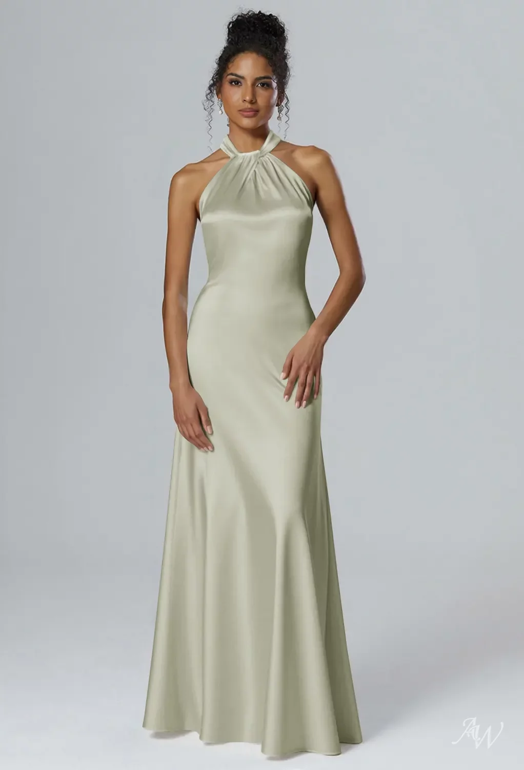 AW Carey Dress, Sage Green Satin Charmeuse Stretch Satin Floor Length Bateau  Neckline Bridesmaid Dresses | AW.Bridal