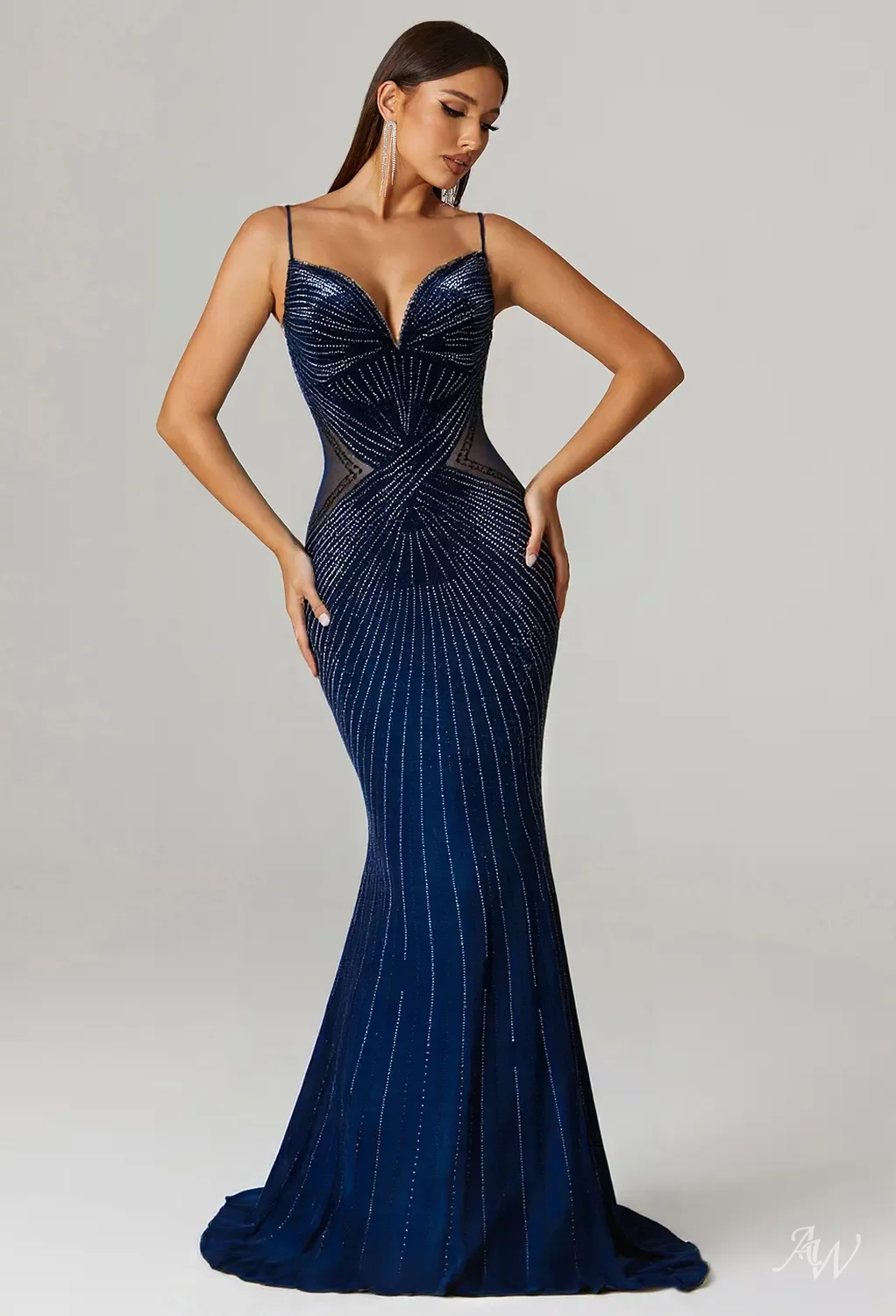 AW Laiba Dress, Navy Stretch Satin Floor Length V-Neck Dresses | AW.Bridal