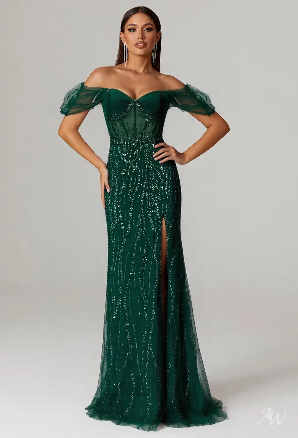 AW.Bridal Mermaid Sweetheart Neckline Floor Length Off the Shoulder Hot-Fix Crystal Corset Prom Dresses Dress Evergreen Size 8
