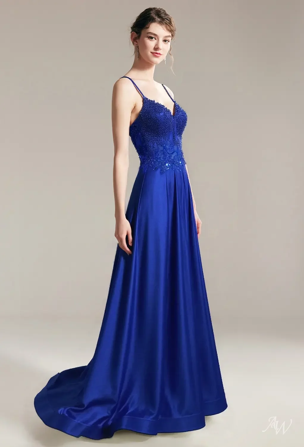 AW.Bridal A-line V-Neck Floor Length Sleeveless Spaghetti Straps Corset Prom Dresses Dress Sapphire Size 4