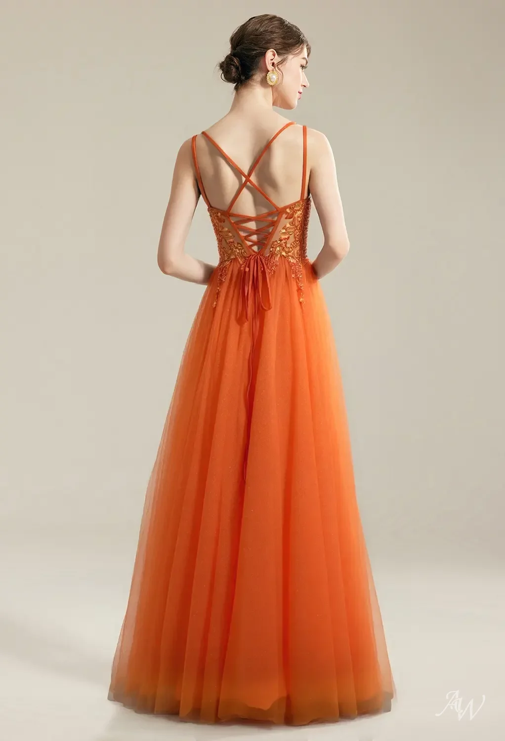 AW.Bridal A-Line V-Neck Floor Length Sleeveless Prom Dresses Dress Cantaloupe Size 18