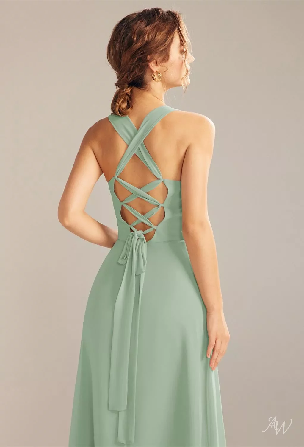 almond green color dress Long striped dress with veiled women's belt