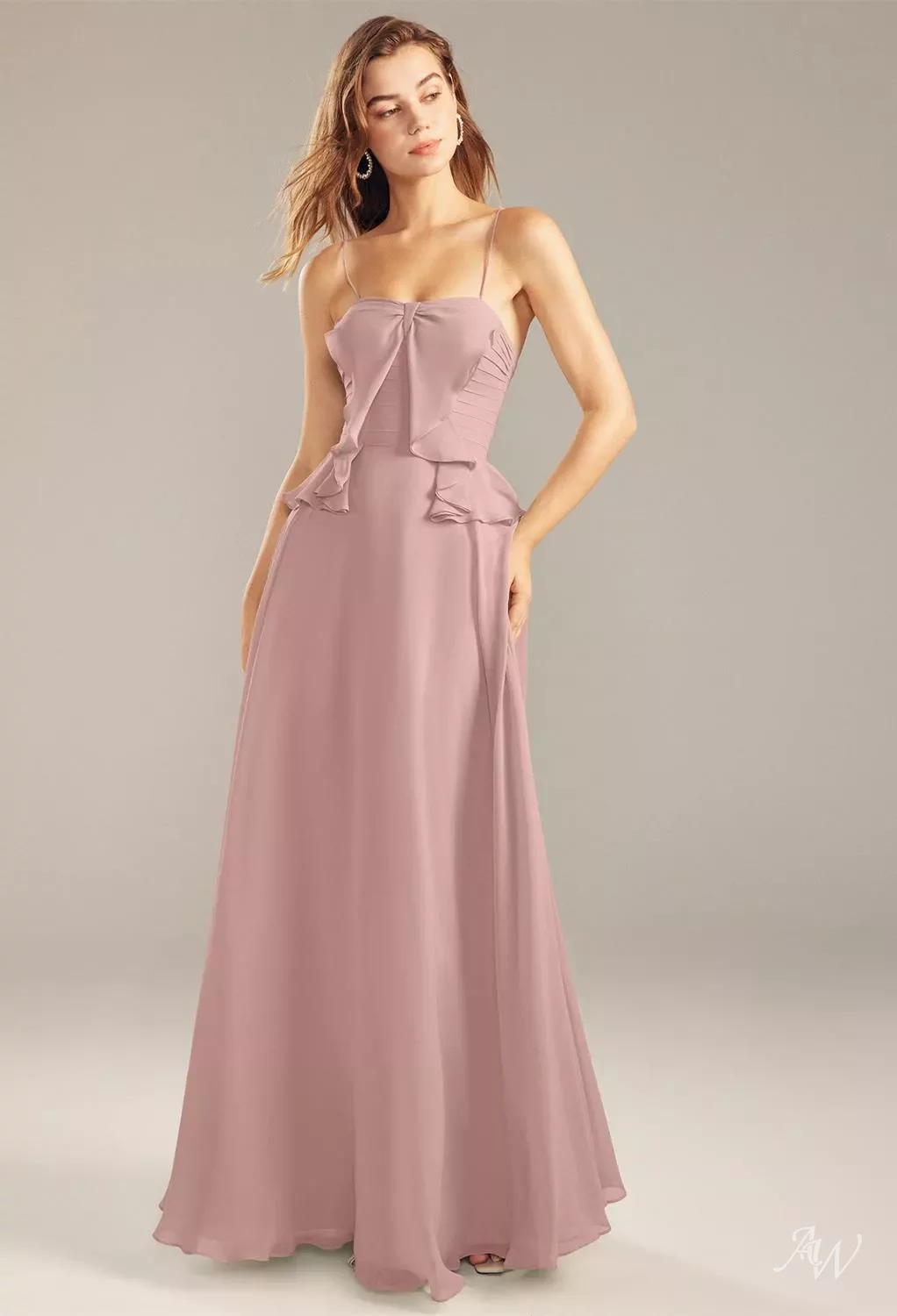 audrey vivid scarlet tiered evening dress Andrea Leo Ruffled long strapless tulle dress with A-line tiered skirt A1017 6 / Blush