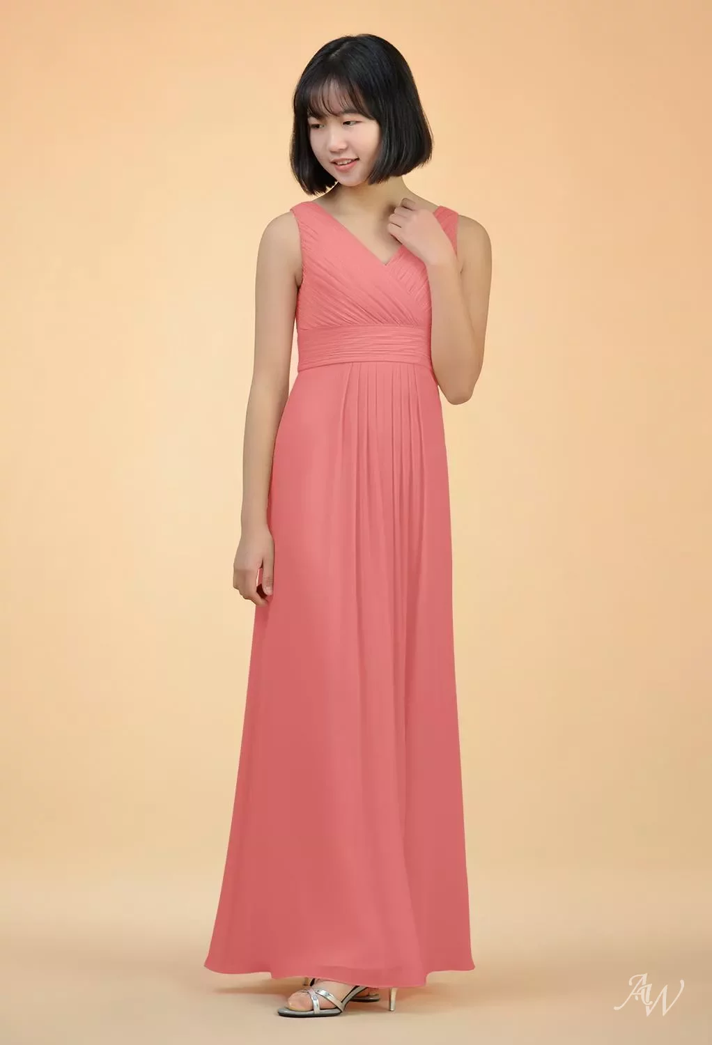 AW Chloe Dress, Coral Pink Chiffon Floor Length V-Neck