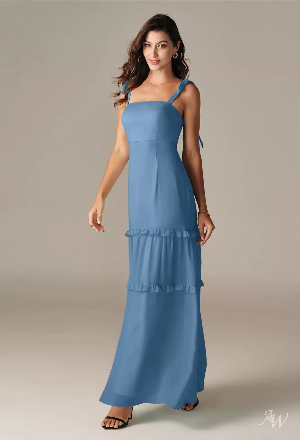 knee length dresses for ladies Berkley Modest A-Line Square Ruffles Long Chiffon Bridesmaid Dresses, Candy Pink
