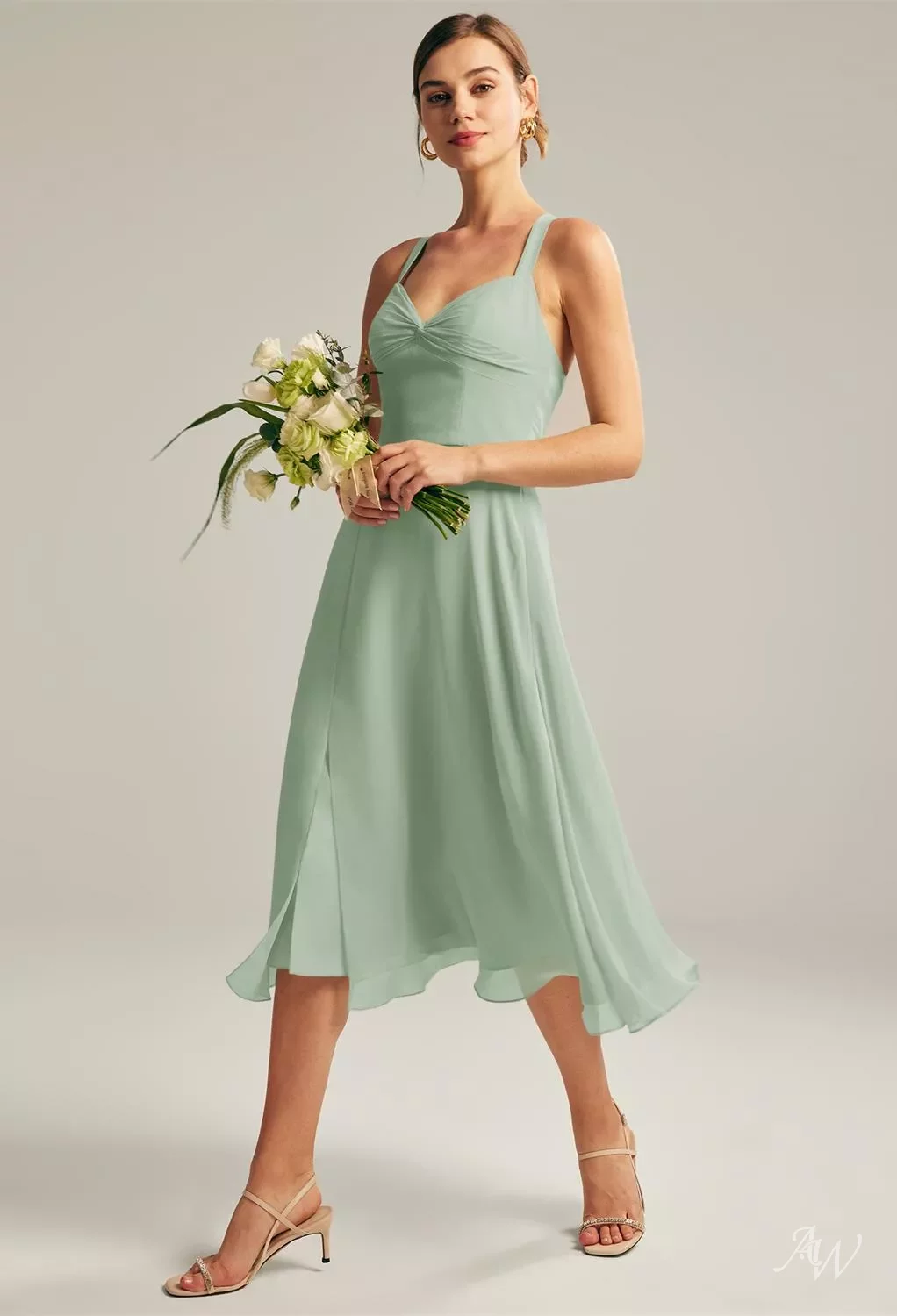 AW Gemma Dress, Sage Green Chiffon Tea Length Sweetheart Neckline Bridesmaid  Dresses | AW.Bridal